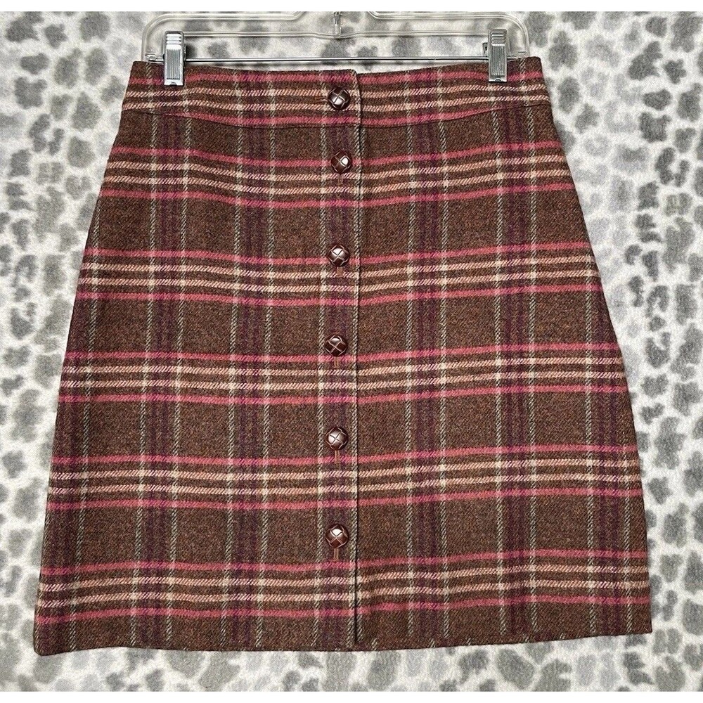 Twee Academia Talbots Plaid Brown Pink Tweed A-Line Skirt Button Wool Blend 4